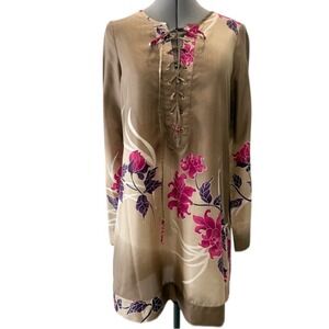 Sunner 100% Silk Made In The USA Long Sleeve Tunic Top Floral Tie Front Size L